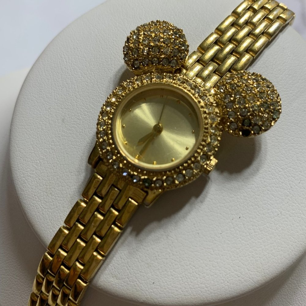 Vintage Woman’s Disney Watch Mickey Mouse Pave Crystals Ears Gold Tone